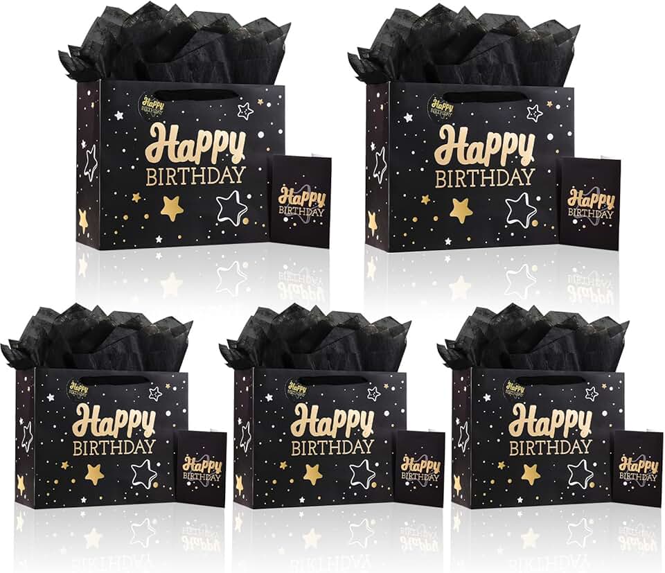 Set of 5 Black Birthday Gift Bags with Tissue and Card