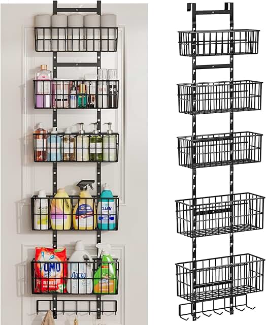 Adjustable Over-the-Door Metal Organizer with 5 Baskets and Hooks