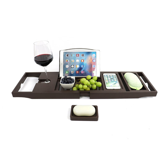 Bamboo Bathtub Caddy Tray Expandable Bath Tub Tray with Book and Wine Holder, Soap Dish, Phone Slot, Bath Table for Any Tub Bath Gift for Women 27.5  41.1 x 8.6, Brown)