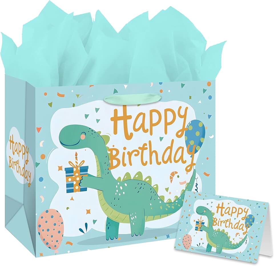 Large 13-inch Cartoon Dinosaur Gift Bag Set with Card and Tissue