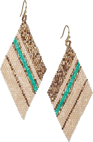 Gold, teal, and cream diamond-shaped statement earrings