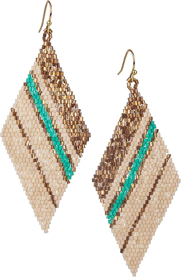Gold, teal, and cream diamond-shaped statement earrings