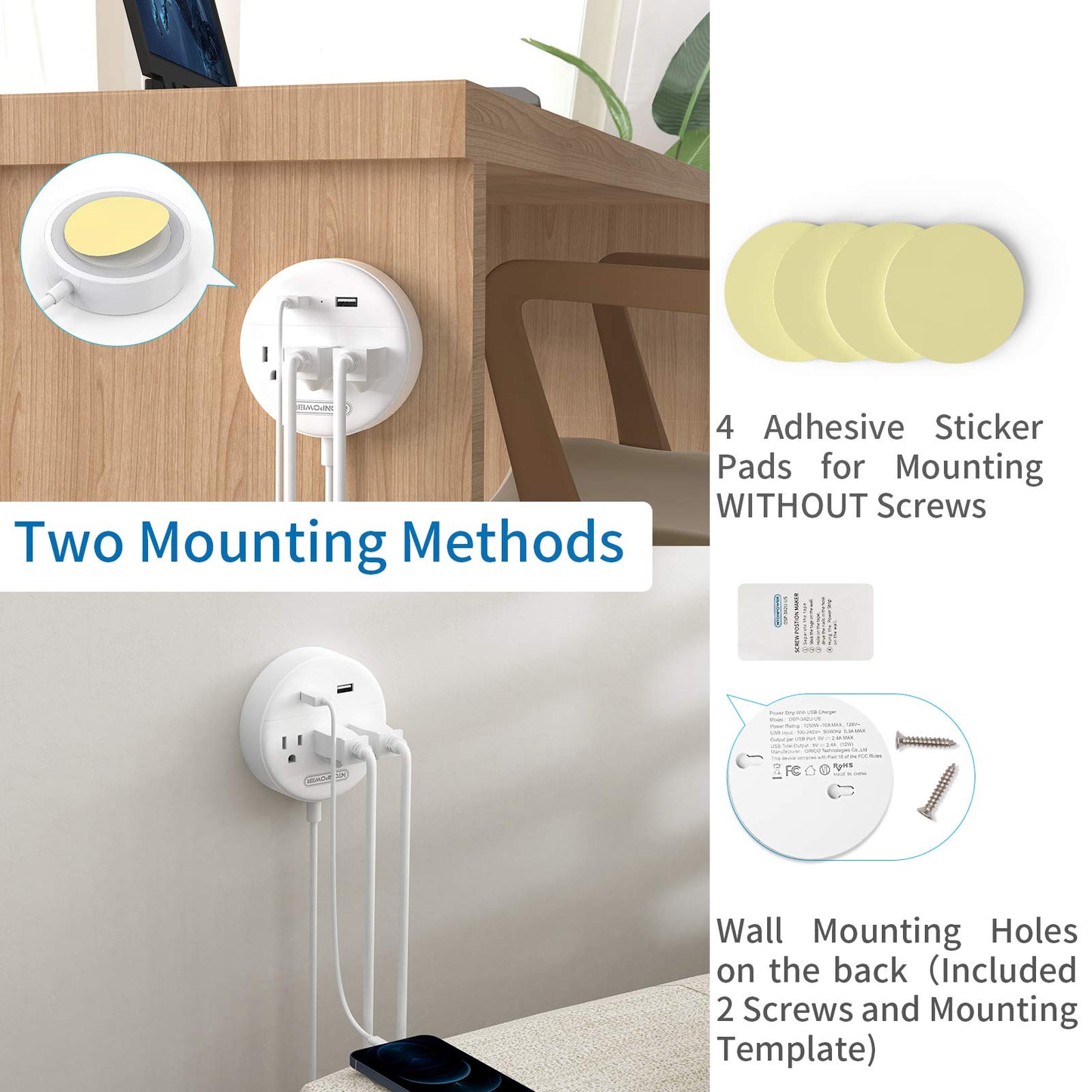 Extension Cord 15ft, Flat Plug Power Strip with Long Extension Cord, 3 Outlet 2 USB Desktop Charging Station Wall Mount for Indoor Home Office Dorm Room and Nightstand - White