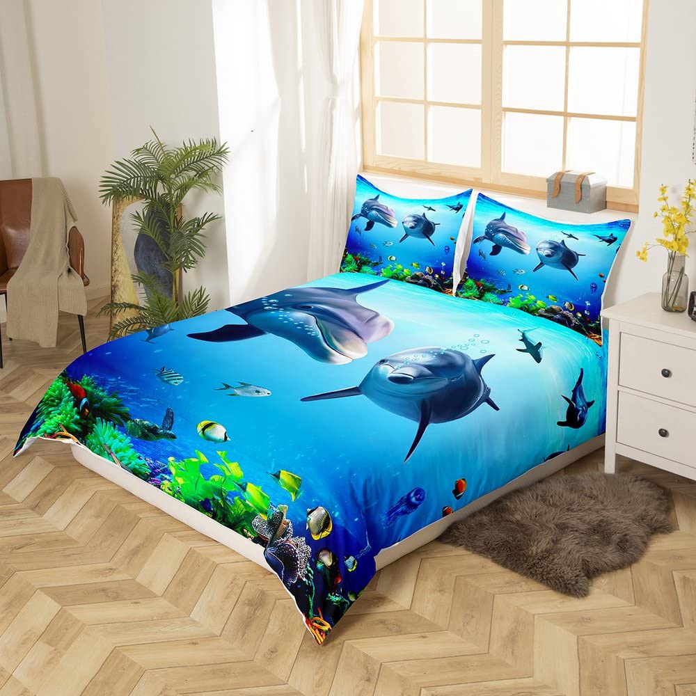 Dolphin Bedding Set Ocean Marine Themed Comforter Cover for Kids Boys Girls Teens Sea Creatures Duvet Cover Breathable H aiian Sealife Blue Bedspread Cover Sea Animal Room Decor Quilt Cover Twin