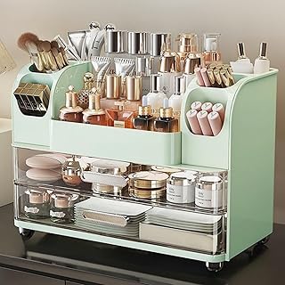 Green Makeup Organizer with Drawers and Brush Holder