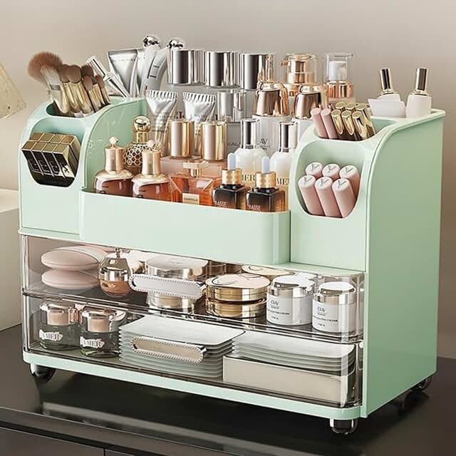 Green Makeup Organizer with Drawers and Brush Holder
