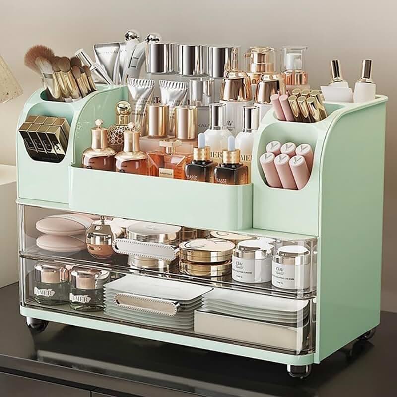 Green Makeup Organizer with Drawers and Brush Holder