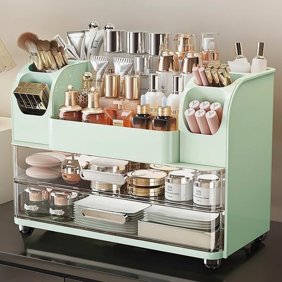 Green Makeup Organizer with Drawers and Brush Holder