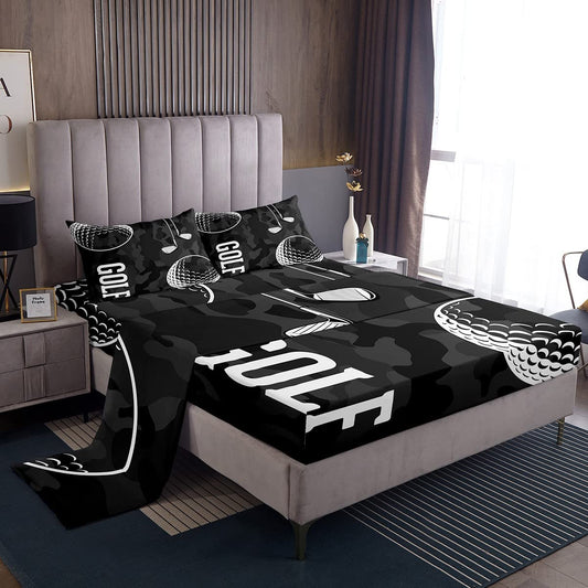 Golf Print Bed Sheets Black Camo Sheet Set Full Kids Boys Teens Camouflage Sheets Sports Themed Flat Sheet,Golf Balls Gaming Bedding Sheets  Pillowcases 4 Piece Soft Microfiber Bedding