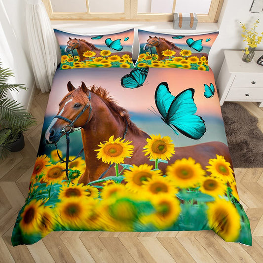 Horse Comforter Cover Yellow Sunflower Bedding Set Queen Size Boys Girls Women 3D Wild Horse Duvet Cover Teal Butterfly Decor Bedspread Cowboys Western Farmhouse Rustic Theme Quilt Cover