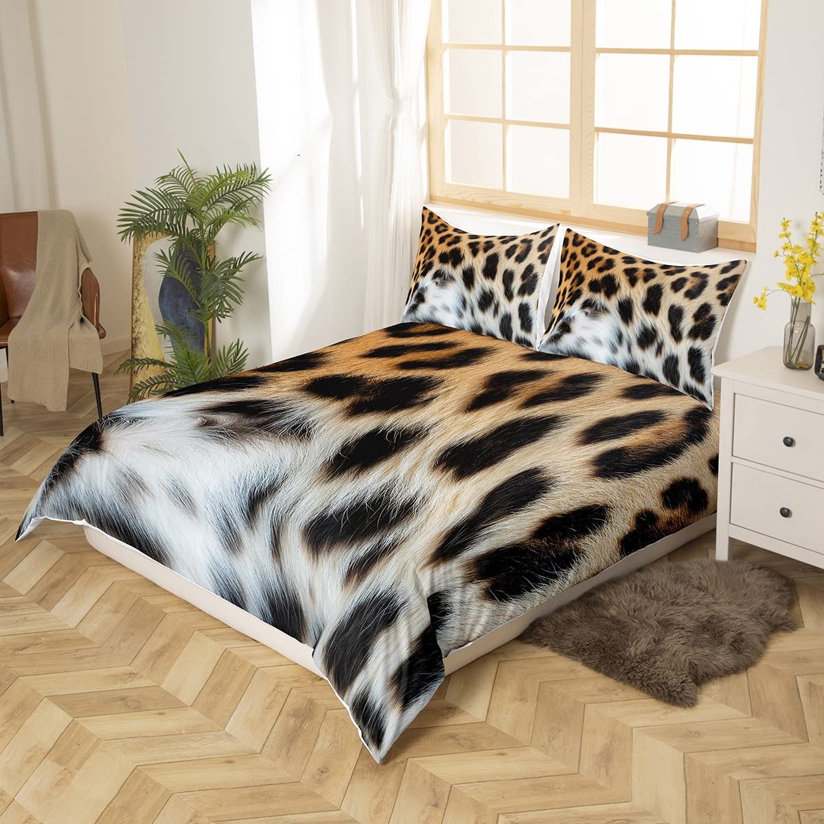 Leopard Spot Duvet Cover Cheetah Bedding Set Twin,Leopard Print Comforter Cover Wild Animal Hide Quilt Cover For Boys Man Novelty Big Cat Wildlife Fur Hair Bedroom Decor,Brown Black White