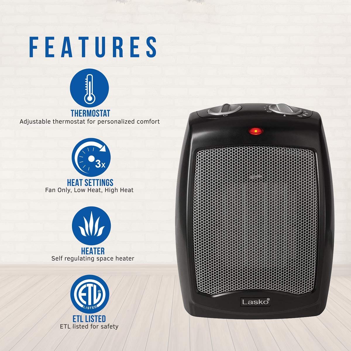Ceramic Tabletop Space Heater for Home with Adjustable Thermostat and 2 Speeds, 9 Inches, Black, 1500W, CD09250