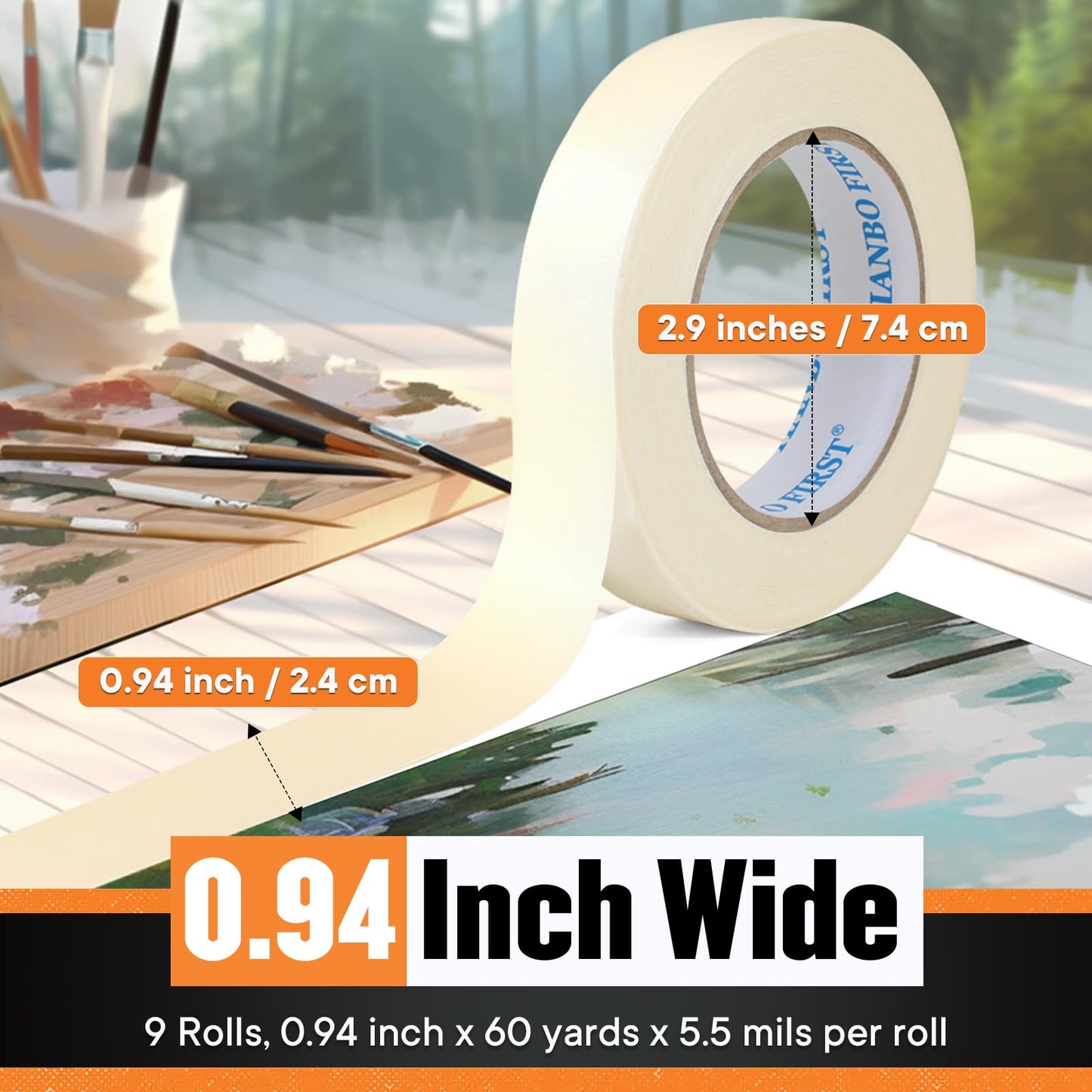 Thin White Masking Tape, 0.94 Inch x 60 Yards, 9 Rolls
