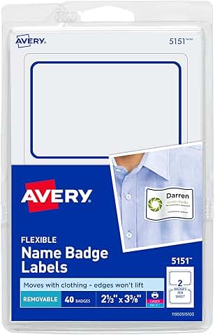 Flexible printable name tags, 40 white with blue border