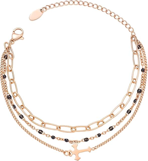 Rose Gold 3-Layer Cross Chain Bracelet for Women