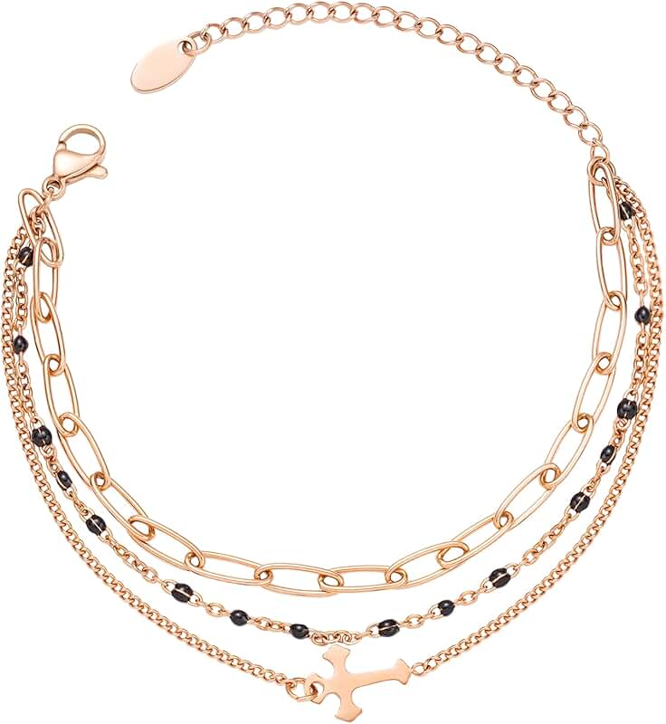 Rose Gold 3-Layer Cross Chain Bracelet for Women