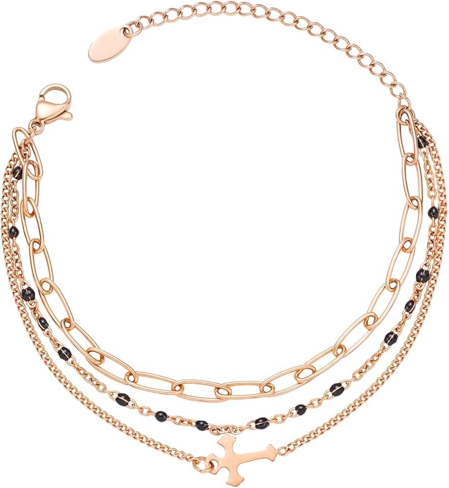 Rose Gold 3-Layer Cross Chain Bracelet for Women