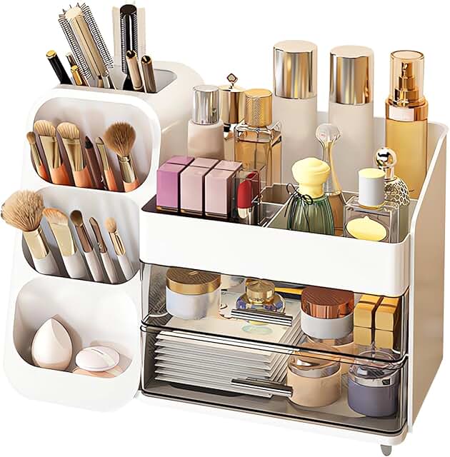 Large Makeup Organizer with Drawers and Brush Holder