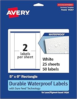 Waterproof Durable Rectangle Labels, 5x6 inches, 50 sheets