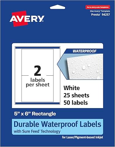 Waterproof Durable Rectangle Labels, 5x6 inches, 50 sheets