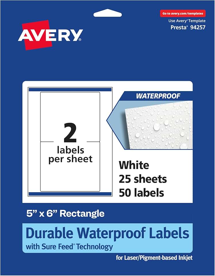 Waterproof Durable Rectangle Labels, 5x6 inches, 50 sheets