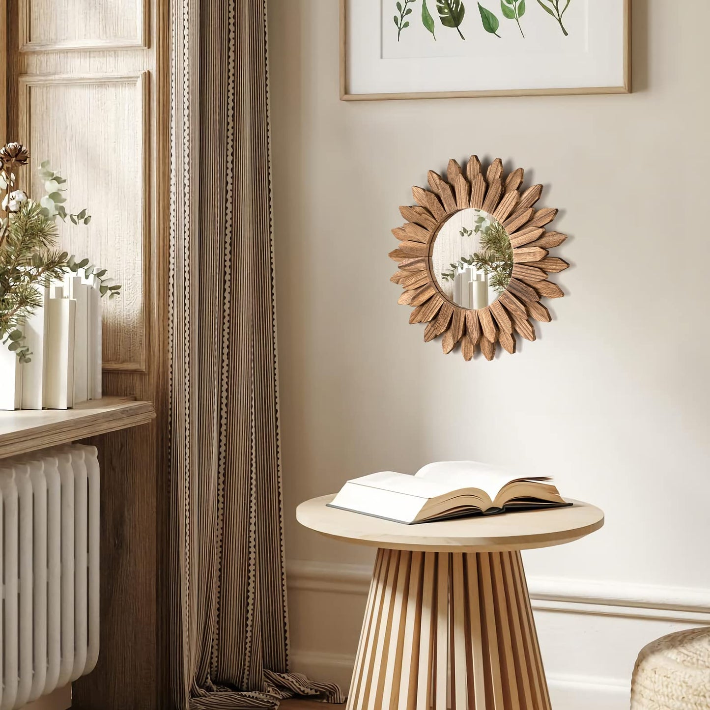 Wall Mirror Decorative 12 inch R tic Wood Mirror Sunburst Boho Mirror for Entryway Bedroom Living Room Carbonized Black