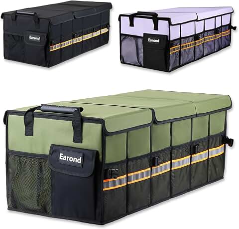 Green collapsible car trunk organizer with lid and multiple compartments