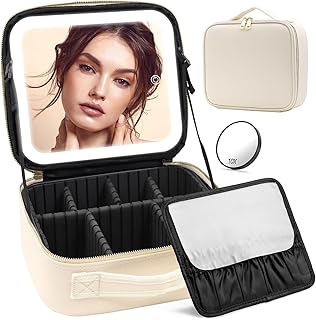 Travel Makeup Bag with Lighted Mirror in Beige