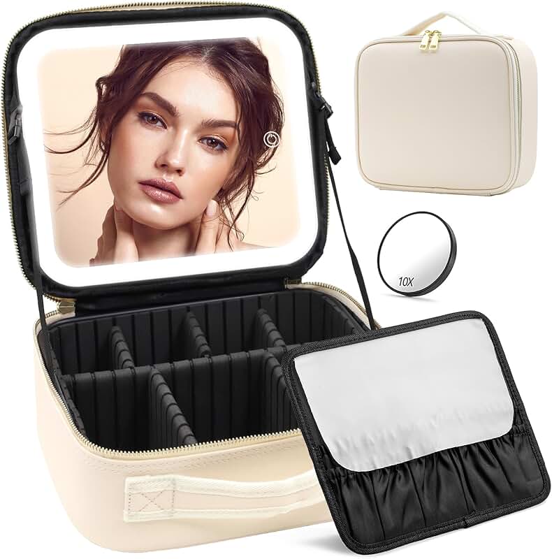 Travel Makeup Bag with Lighted Mirror in Beige