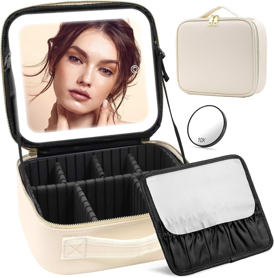 Travel Makeup Bag with Lighted Mirror in Beige