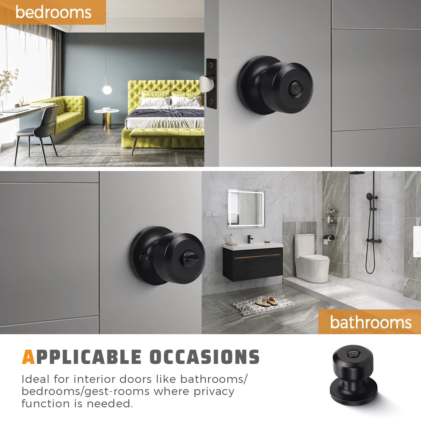 1 Pack Modern Door Knob Keyless Privacy Door Knob, Matte Black Door Knobs In or, Privacy Door Knob for Bed/Bath Function In or Door Use, Round Shape