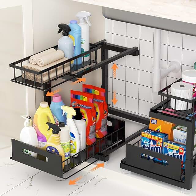 Heavy Duty Under Sink Organizer, Adjustable Metal Shelf, 2 Pack