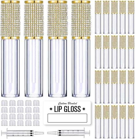 24 Pack Gold Crystal Lip Gloss Tubes with Wands and Labels
