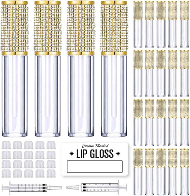 24 Pack Gold Crystal Lip Gloss Tubes with Wands and Labels