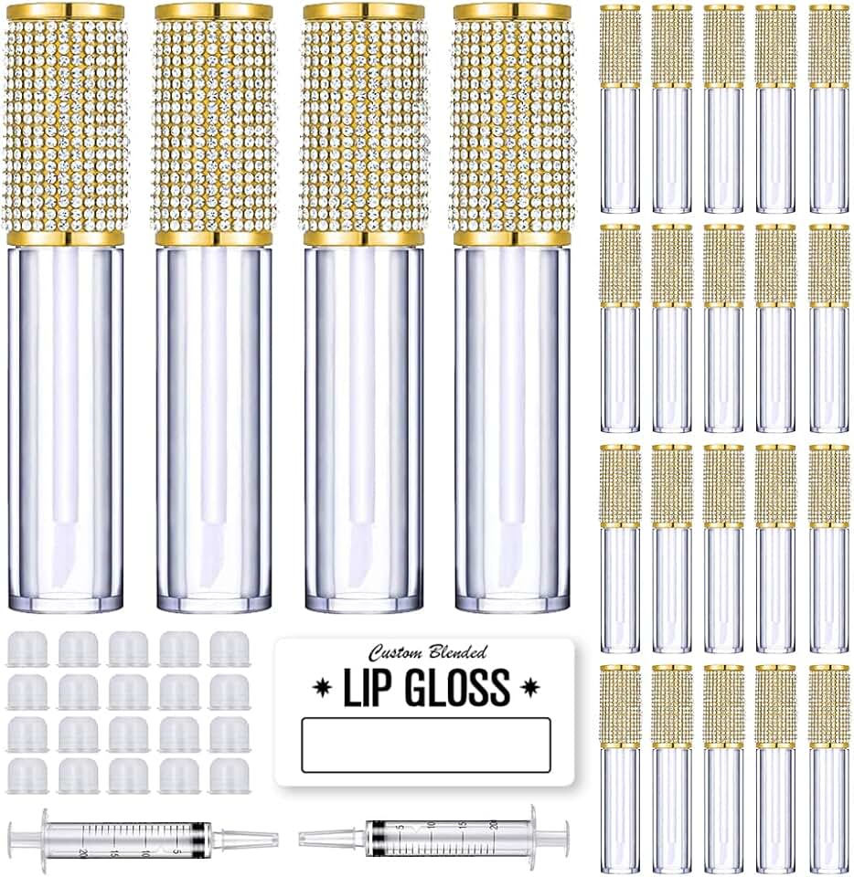 24 Pack Gold Crystal Lip Gloss Tubes with Wands and Labels