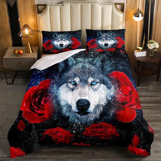Wolf Comforter Boys Girls Wild Animal Wolf Rose Comforter Cover Cool Wildlife Style Bedding Set for Kids Teens Women Red Floral Duvet Set Ultra Soft Room Decor Queen Size Bedding