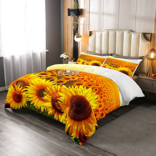 Sunflower Comforter Set Floral Print Bedding Set Yellow Blossom Flowers Pattern Comforter for Children Kids Boys Girls Microfiber Botanical Branches Duvet Set Room Decor Quilt Set Twin Size