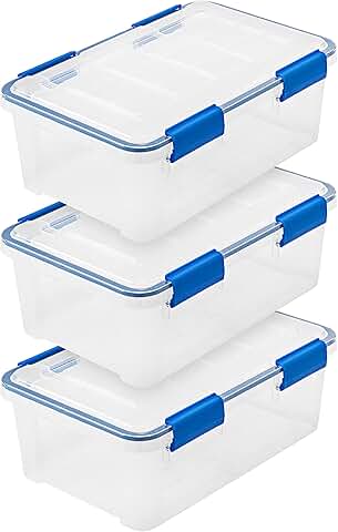 Set of 3 clear blue 16 qt storage bins with lids