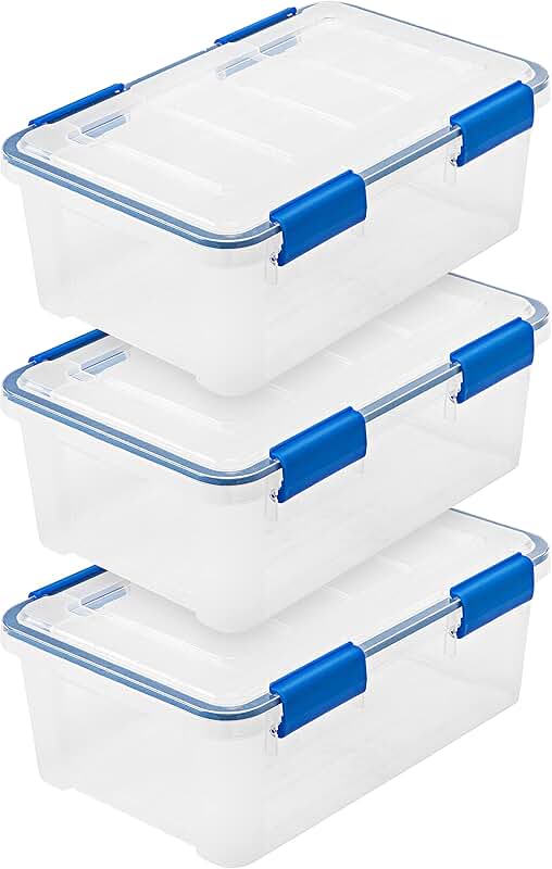 Set of 3 clear blue 16 qt storage bins with lids