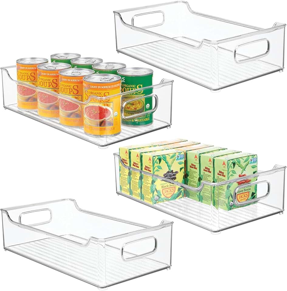 Set of 4 Clear Wide Plastic Kitchen Storage Bins with Handles