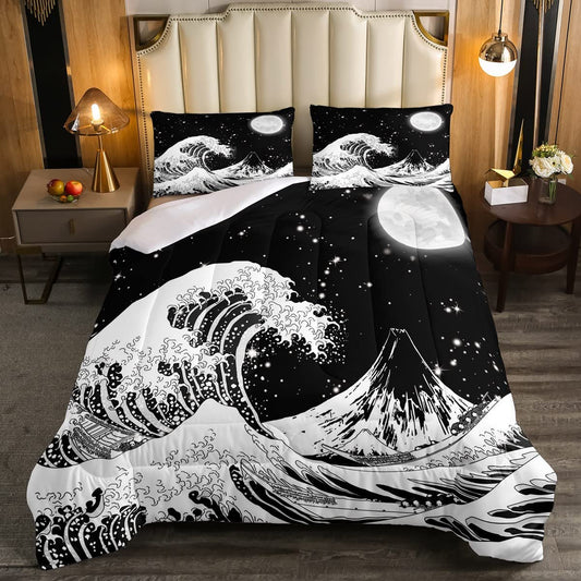Sea Wave Surfing Comforter Set Ukiyoe Ocean Bedding Set for Kids Boys Girls Moon Comforter White Black Decor Quilt Set Bedroom 2Pcs Twin Size