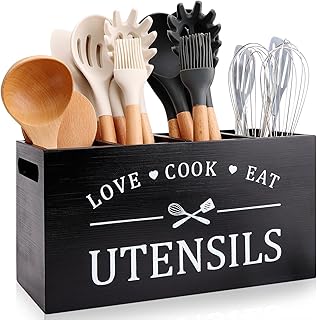 Large Rustic Wood Utensil Holder for Kitchen Counter