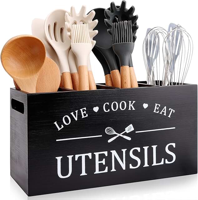 Large Rustic Wood Utensil Holder for Kitchen Counter