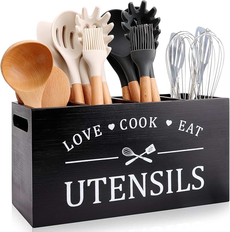 Large Rustic Wood Utensil Holder for Kitchen Counter