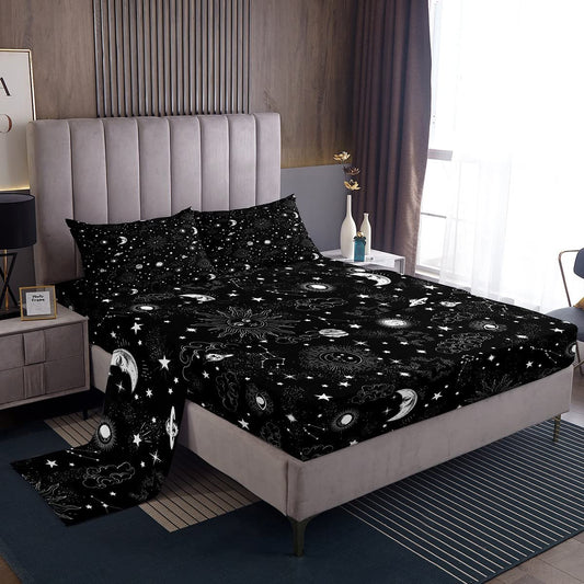 Sun and Moon Fitted Sheet Set Full Size 4 Pcs,Starry axy Boho Hippie Constellation,Bedding Sets 1 Fitted,1 Flat,2 Pillowcases) Deep Pocket Bed Sheets