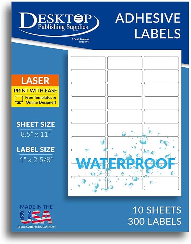 300 Waterproof Printable Labels, 1" x 2-5/8"