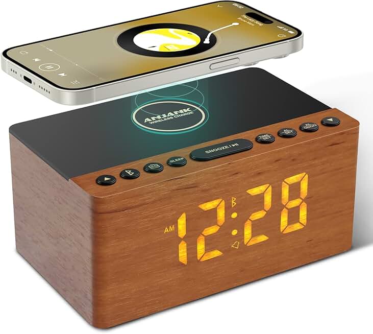 Wooden Bluetooth Speaker with Alarm Clock and Wireless Charging