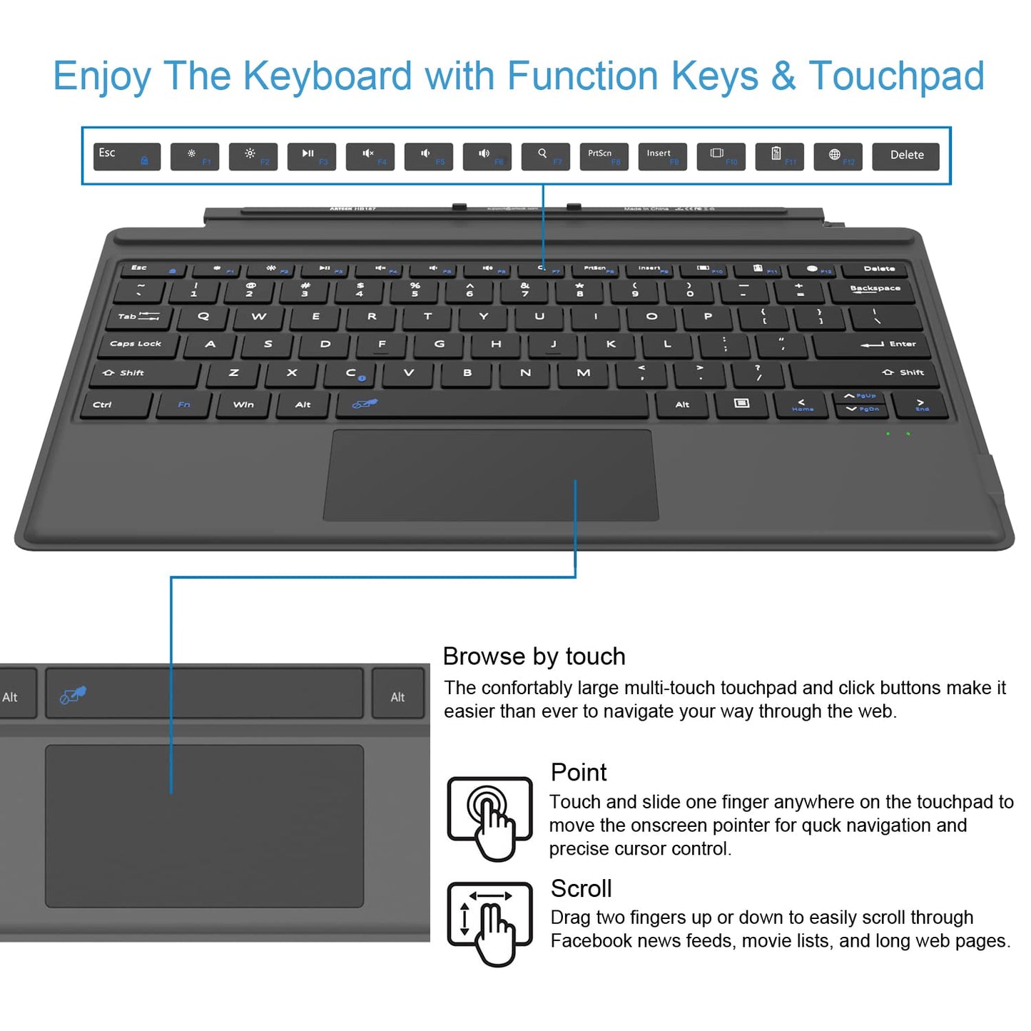 Microsoft Surface Pro Type Cover, Ultra-Slim Portable Bluetooth Wireless Keyboard with Touchpad Built-in Rechargeable Battery