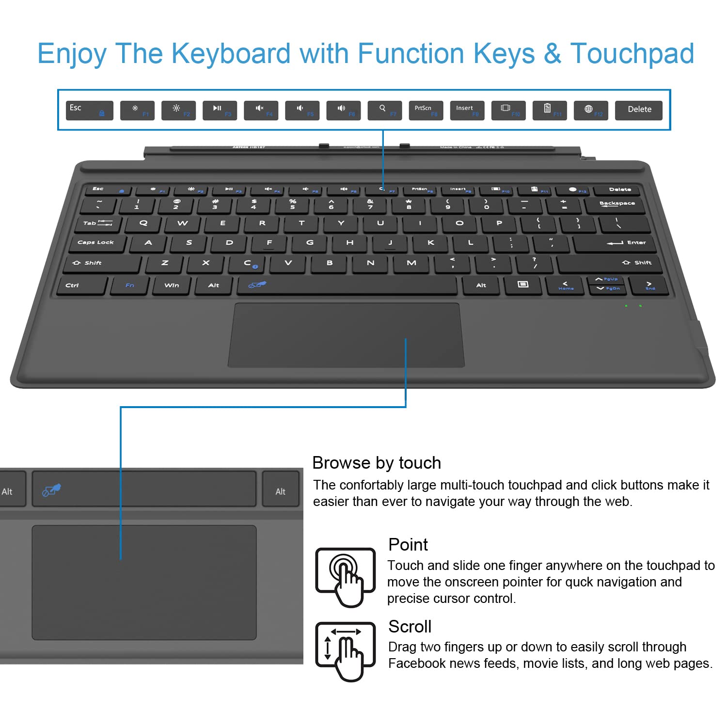 Microsoft Surface Pro Type Cover, Ultra-Slim Portable Bluetooth Wireless Keyboard with Touchpad Built-in Rechargeable Battery