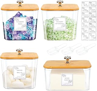 Set of four laundry storage containers with lids and labels